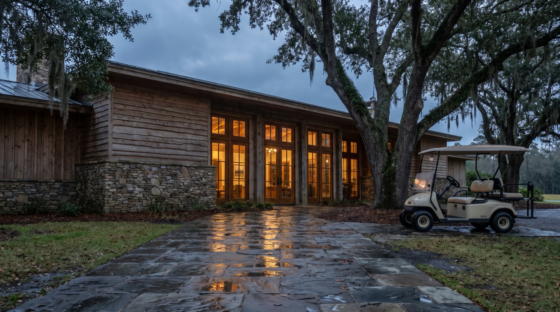 A quiet private golf clubhouse at overcast dawn, warm lights in the windows